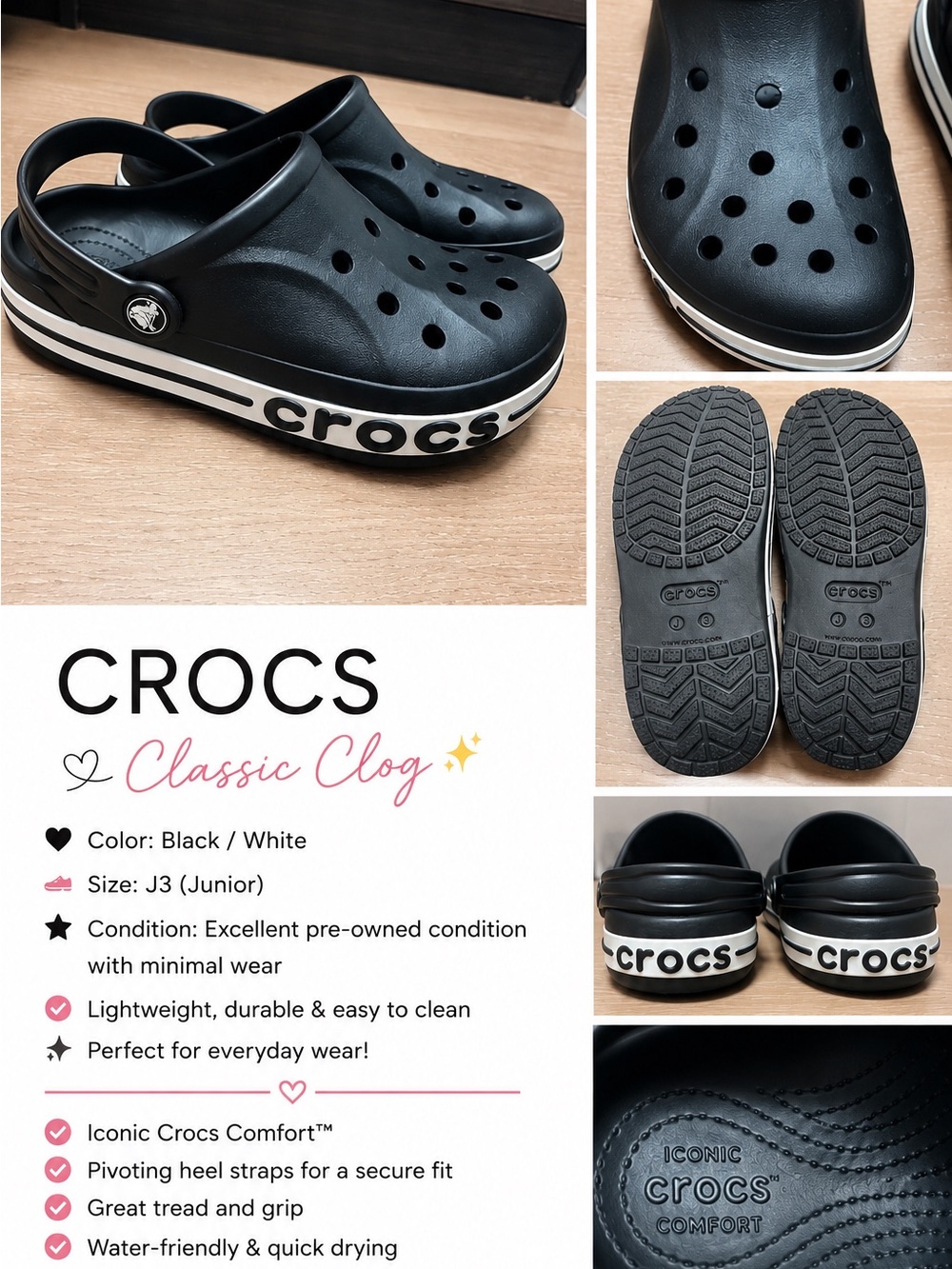 CROCS Black and White Classic Clog Kids